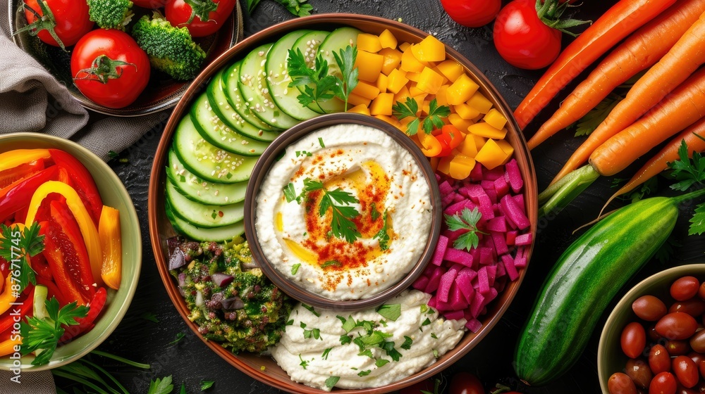 Top view of a colorful vegetable platter with hummus and dips Top view of a colorful vegetable platter with hummus and dips