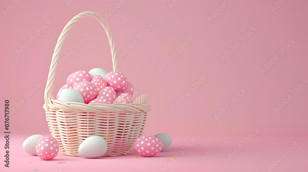 3D render of Easter basket overflowing with eggs on a pastel pink background, clean background, no copyrighted logo, no letters, no peaple 3D render of Easter basket overflowing with eggs on a pastel pink background, clean background, no copyrighted logo, no letters, no peaple