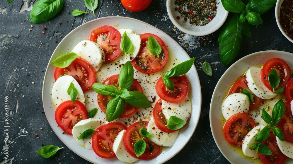 Top view of a fresh Caprese salad with mozzarella, tomatoes, and basil Top view of a fresh Caprese salad with mozzarella, tomatoes, and basil