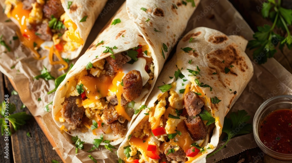 Top view of a hearty breakfast burrito with eggs, sausage, and cheese Top view of a hearty breakfast burrito with eggs, sausage, and cheese