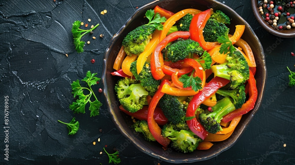 Top view of a vibrant vegetable stir-fry with bell peppers and broccoli Top view of a vibrant vegetable stir-fry with bell peppers and broccoli