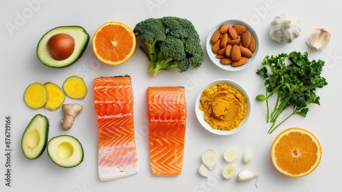 Anti-aging food, Salmon, avocado, broccoli, turmeric, orange, tomato, almond, cherry on white background, Generative AI