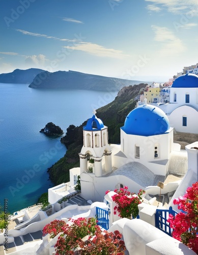 Whitewashed church with blue domes in Santorini