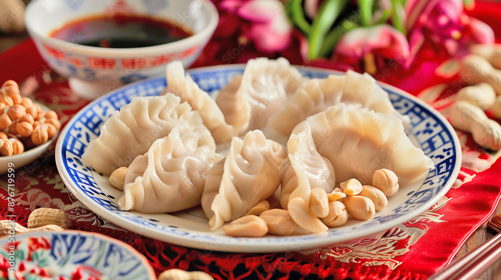 A plate of dumplings with peanuts scattered around A plate of dumplings with peanuts scattered around