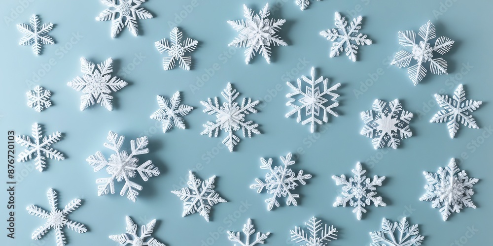 A flat lay of various snowflakes on blue background - winter cecoration. For seasonal marketing, holiday cards, winter-themed designs, and more, offering a versatile and visually appealing background A flat lay of various snowflakes on blue background - winter cecoration. For seasonal marketing, holiday cards, winter-themed designs, and more, offering a versatile and visually appealing background