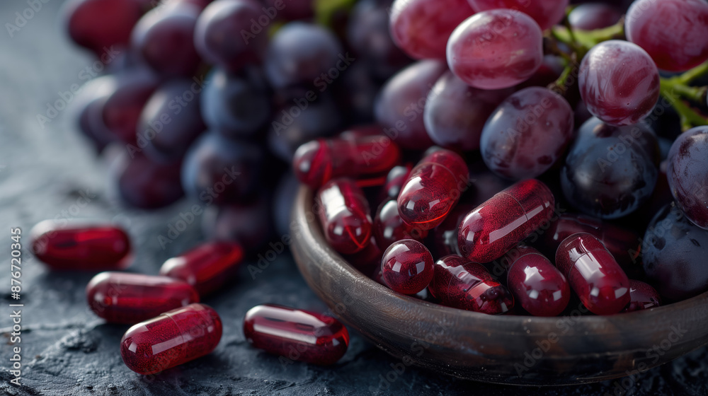 Detailed View of Resveratrol Capsules Amidst Grape and Red Wine Environment, Health and Wellness Ads Detailed View of Resveratrol Capsules Amidst Grape and Red Wine Environment, Health and Wellness Ads