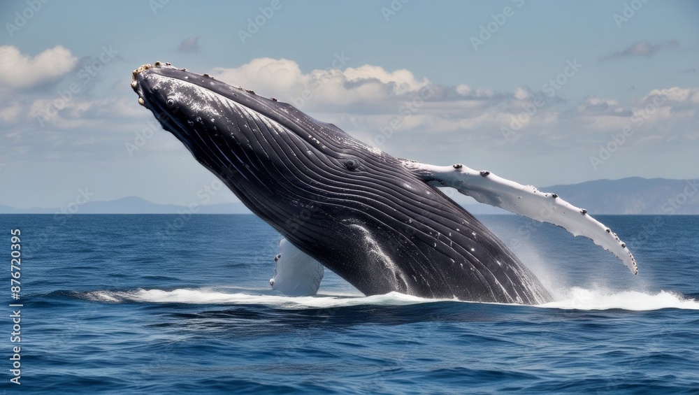 Fototapeta premium Close-Up Macro Shot of a Majestic Humpback Whale, in Sunlit Ocean Waters.