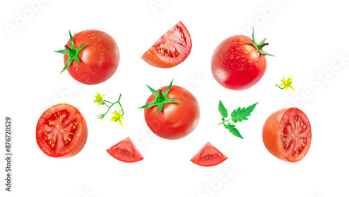 Group tomato has water drop with slices and flower isolated on white background , clipping path.