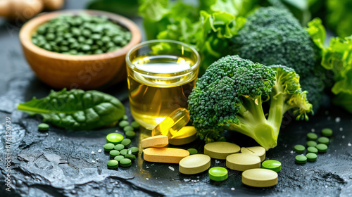 Macro Shot of Vitamin K Supplements with Green Vegetables and Broccoli for Nutritional Health Campaigns photo