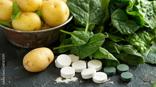 High-Quality Alpha-Lipoic Acid Tablets with Fresh Leafy Greens and Potatoes, Health and Wellness Concept photo