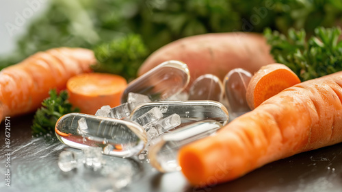 Crystal Clear Vitamin A Capsules Displayed Among Fresh Carrots and Sweet Potatoes, Perfect for Nutritional Supplement Ads photo