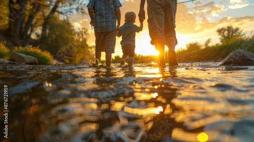 A close-up view of a family fishing by a river at sunset, children casting lines into the water, parents holding hands and smiling, the sky filled with warm sunset colors reflectin photo