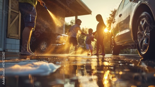 A close-up view of a family washing their car in the backyard at sunset, children excitedly helping with soap and sponges, parents laughing and guiding them, the sky transitioning 