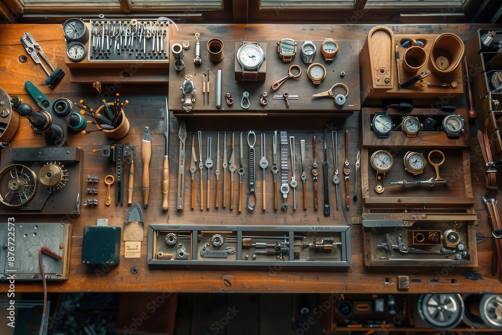 a meticulously organized watchmaker's tools on a workbench, top-down view, documentary photography style a meticulously organized watchmaker's tools on a workbench, top-down view, documentary photography style