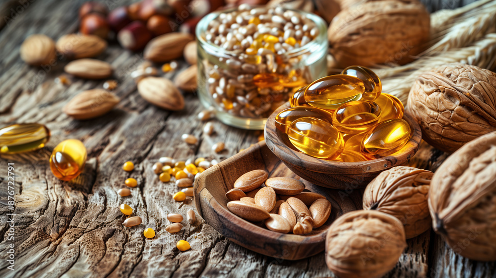 Fototapeta premium Whole Grains and Nuts with Vitamin B1 Supplements on Natural Wooden Background