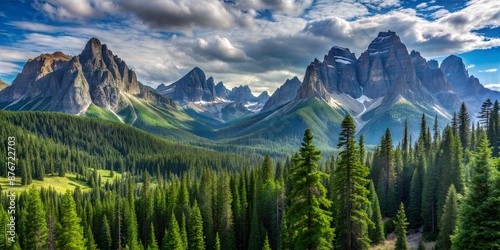 Stunning mountain landscape with lush green trees and a dramatic sky in a blurred background