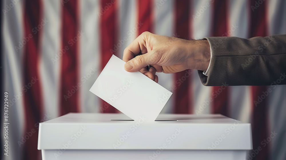 With an American flag in the background, a man's hand holds a ballot in front of a ballot box With an American flag in the background, a man's hand holds a ballot in front of a ballot box