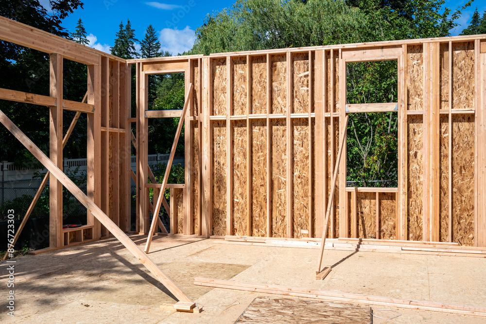 Wood framing started on new home construction job site, exterior walls with windows and subfloor
Wood framing started on new home construction job site, exterior walls with windows and subfloor