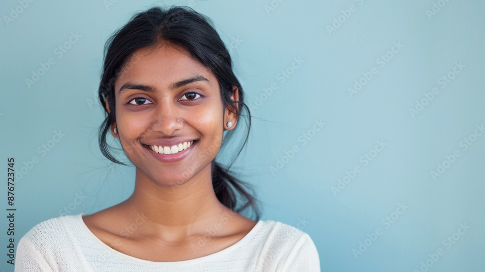 Happy young indian woman smiling looking at camera isolated on light blue background with copy space Happy young indian woman smiling looking at camera isolated on light blue background with copy space