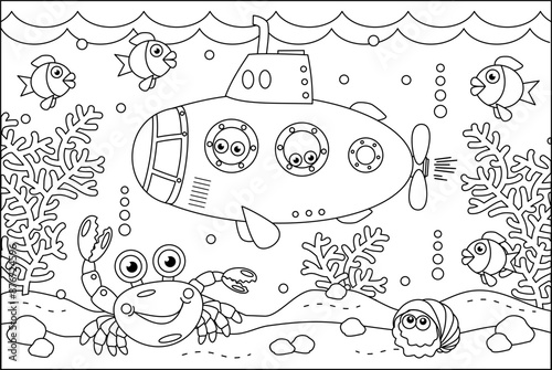 Underwater life coloring page with submarine, fish, crab, algae
