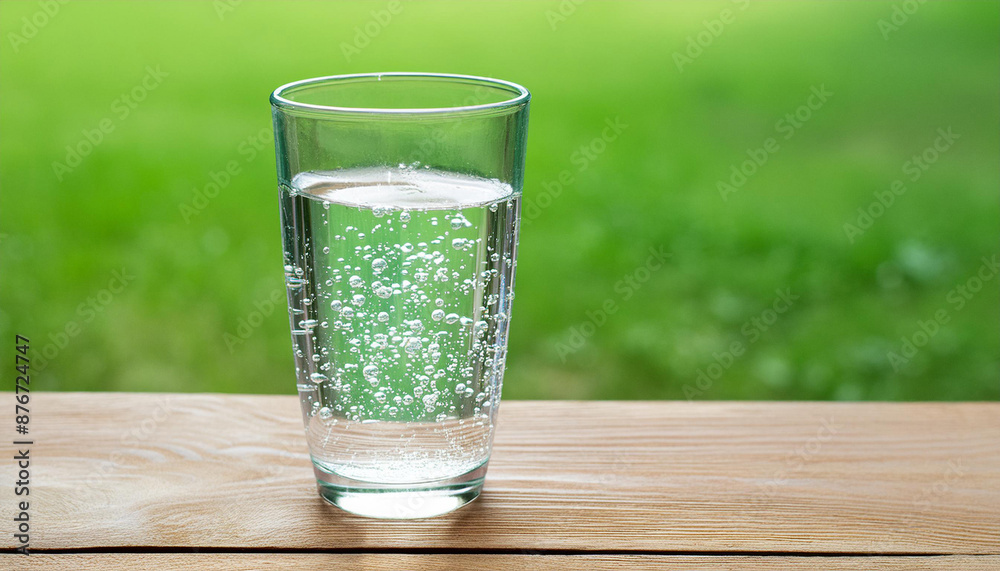 A glass of water on green background. The wooden table. Pure water with gas. Sparkling water A glass of water on green background. The wooden table. Pure water with gas. Sparkling water