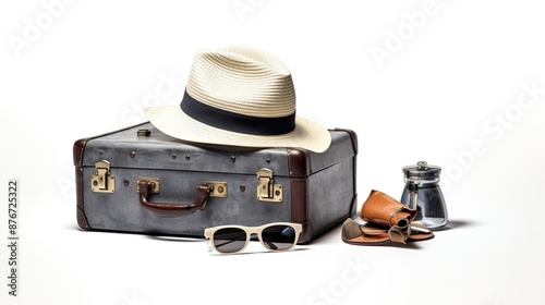 Isolated objects of vintage suitcase, straw hat, sunglasses, and silver pot. Perfect for summer travel, adventure, vacation, or retrothemed concepts.