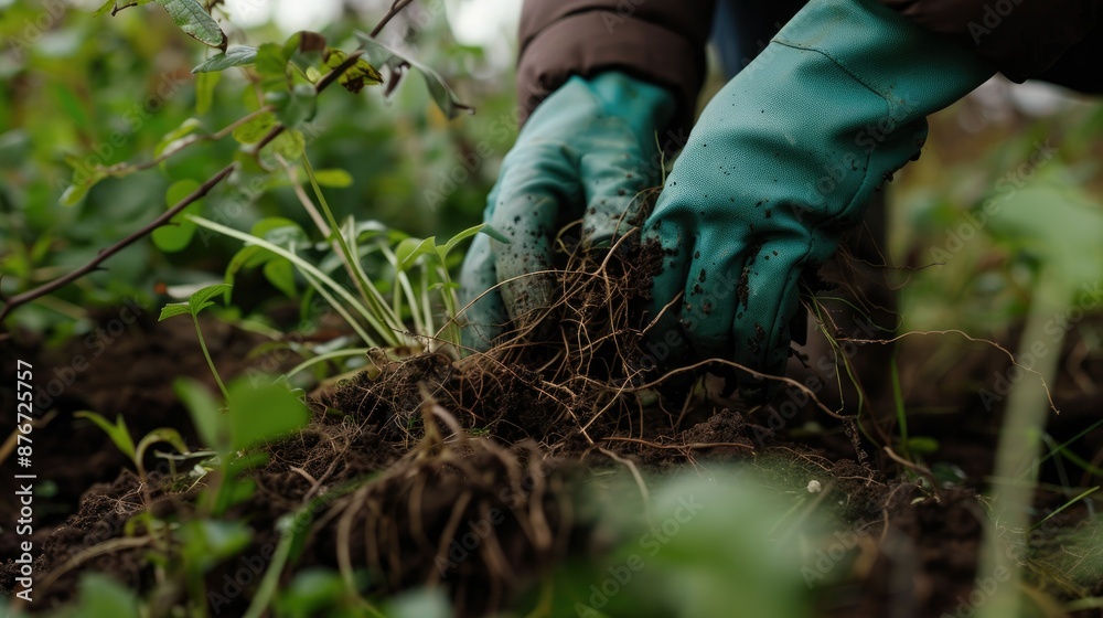 section of chernozem is treated with large rakes. The hand in the green working glove selects the roots of the weeds section of chernozem is treated with large rakes. The hand in the green working glove selects the roots of the weeds
