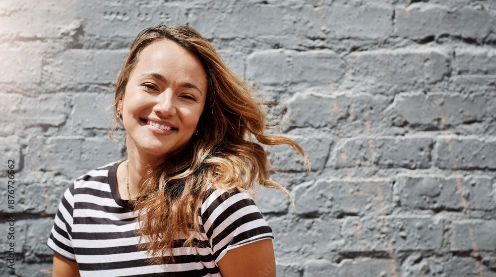 Woman, portrait and smile by wall in city for trendy style, vacation and excited for travel in summer. Person, fashion and confident on sidewalk with mock up space, holiday and happy in Los Angeles Woman, portrait and smile by wall in city for trendy style, vacation and excited for travel in summer. Person, fashion and confident on sidewalk with mock up space, holiday and happy in Los Angeles