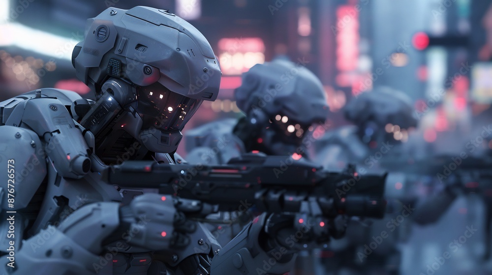 Armored cyborg soldier with helmet and gun on the street. Armored cyborg soldier with helmet and gun on the street.