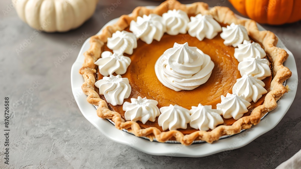 A freshly baked pumpkin pie topped with whipped cream and surrounded by pumpkins. A freshly baked pumpkin pie topped with whipped cream and surrounded by pumpkins.