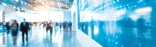 Blurred crowd of people passing by at a convention in a conference hall
