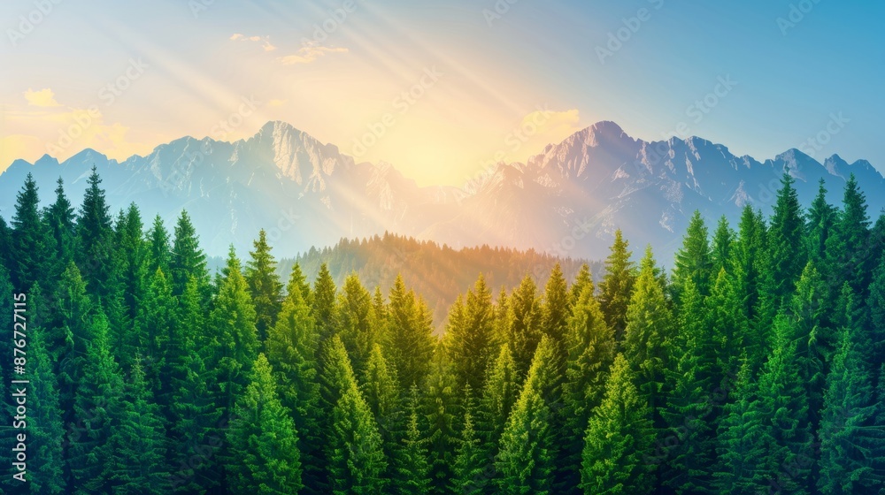 Obraz premium A serene mountain range with snow-capped peaks, bathed in the golden light of sunrise, seen through a dense forest of fir trees.