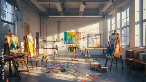 A school art room with paint palettes and easels