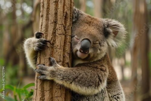 Koala hugging a tree trunk, eyes closed in contentment