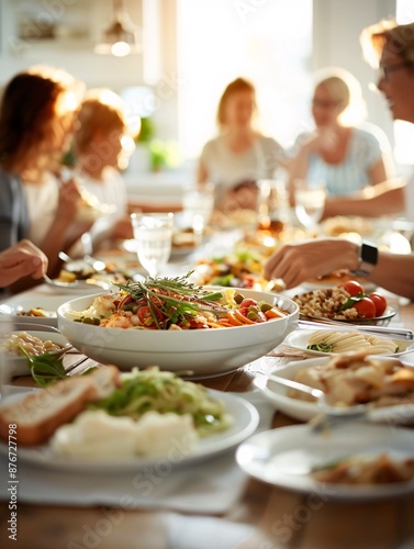 Educators eating dinner with family at home, focus on facial expressions, relaxed atmosphere, natural light, home environment, Editorial Photography style