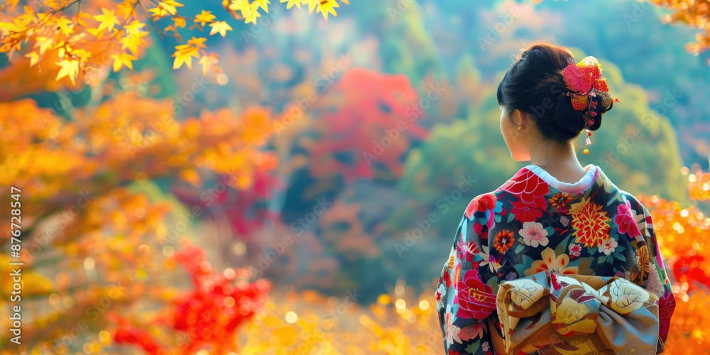 Autumn Scene of Lady in Kimono Bowing Gracefully Amidst Red Maple Leaves Perspective Shot Autumn Scene of Lady in Kimono Bowing Gracefully Amidst Red Maple Leaves Perspective Shot