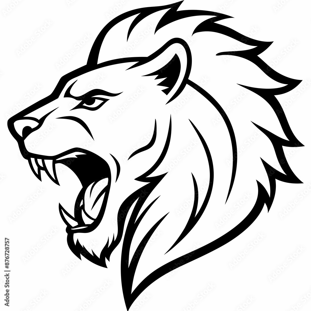 Fototapeta premium a side view angle of roaring lion head mascot or logo in white background, simple line vector illustration, coloring page for children
