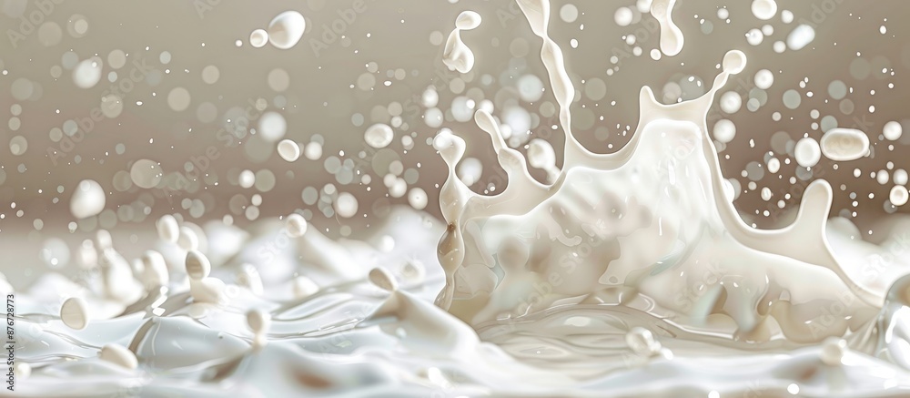 Close-up of milk splashing with droplets and ripples, creating a dynamic and fluid motion effect.