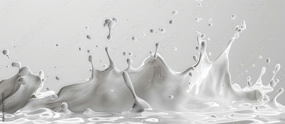 High-speed photograph of white liquid splashing, creating dynamic shapes and droplets against a clean white background.