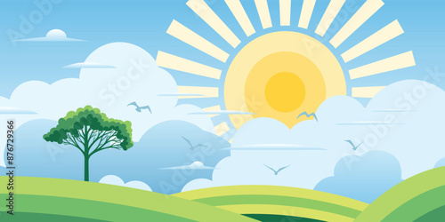 View of summer landscape, green meadows and hills, picturesque sky and sun, vector illustration