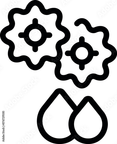 Simple icon of two gears dropping oil, representing industrial lubrication and maintenance