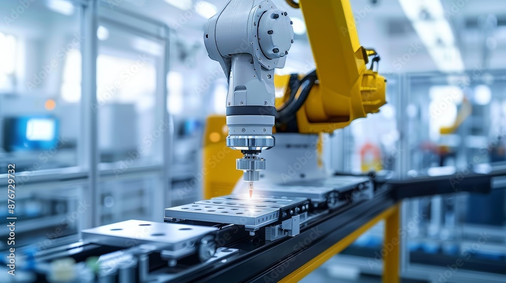 Robotics in luxurious manufacturing, shiny equipment automating the fabrication process, ultra-modern and clean production environment Robotics in luxurious manufacturing, shiny equipment automating the fabrication process, ultra-modern and clean production environment