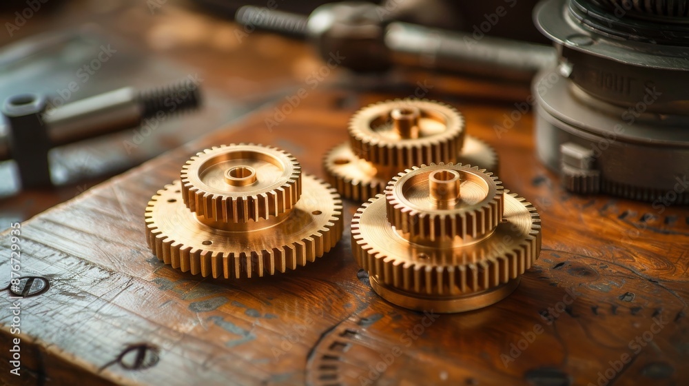 Shiny brass gears intricately meshed, showcasing detailed craftsmanship and industrial elegance, perfect for mechanical design enthusiasts Shiny brass gears intricately meshed, showcasing detailed craftsmanship and industrial elegance, perfect for mechanical design enthusiasts