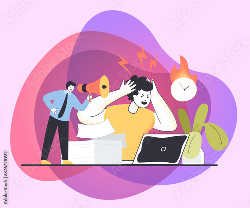 Boss shouting at exhausted employee flat vector illustration. Burnout and frustrated worker having pressing deadlines at work. Furious leader rushing man to complete tasks. Occupation concept