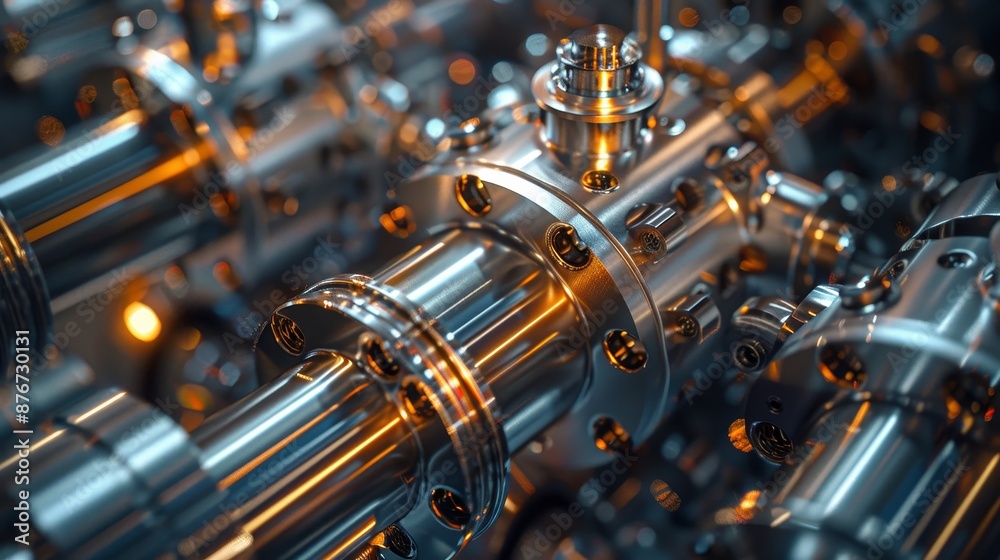 Shiny metallic steel components, showcasing precision engineering and exactness, intricate details of the alloy reflecting light brilliantly Shiny metallic steel components, showcasing precision engineering and exactness, intricate details of the alloy reflecting light brilliantly
