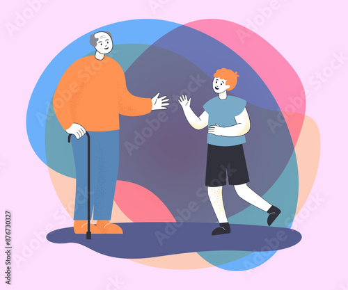 Excited grandson visiting old grandfather. Welcoming granpa with cane and happy grandchild flat vector illustration. Family, love, relatives concept