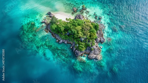 Beautiful nature landscape. Aerial view of tropical rocky island, turquoise water and white sand beach. World environment day