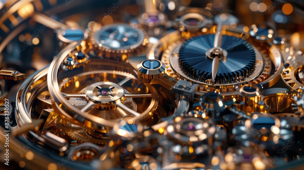 Watch interior exposed, revealing golden pipes and blue gears in a harmonious design, capturing the essence of sophisticated timekeeping Watch interior exposed, revealing golden pipes and blue gears in a harmonious design, capturing the essence of sophisticated timekeeping