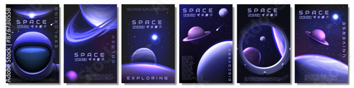 Space posters. Galaxy exploration. Astronaut spacesuit helmet. Stars and planets. 3D universe. Outer infinity discovery. Astronomy design with starlight. Vector cosmic banners design set