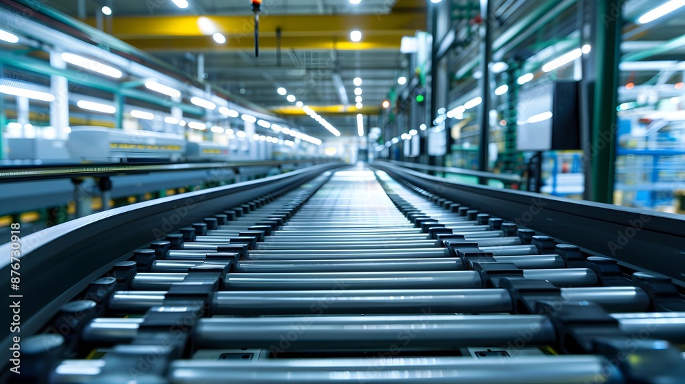 Mass production assembly line of electric vehicle battery cells close-up view
